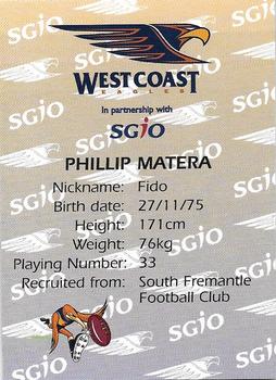 2000 SGIO West Coast Eagles #NNO Phil Matera Back